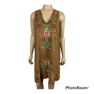 Umgee Brown Floral Embroidered V Neck Shift Dress Faux Suede Sz S